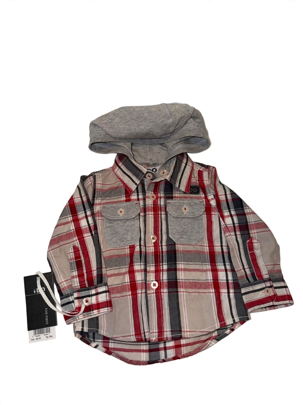 iDO by Miniconf Baby Boy 9M Plaid Hooded Shirt NWT Red Grey Tan